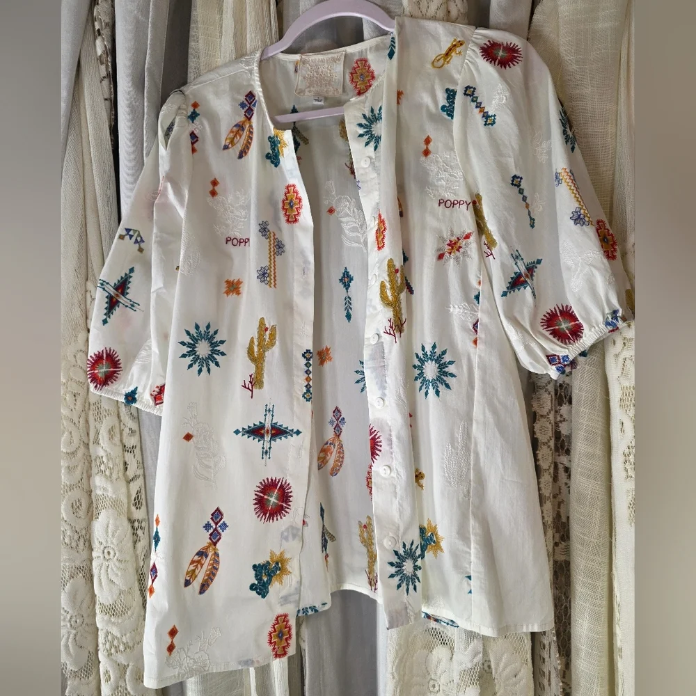 Johnny Was Southwestern Embroidered Top Western Cactus Puff Sleeve S